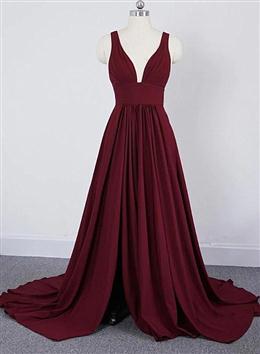 Picture of Wine Red Color Chiffon High Slit Long Party Dresses, Charming Long Straps Bridesmaid Dress